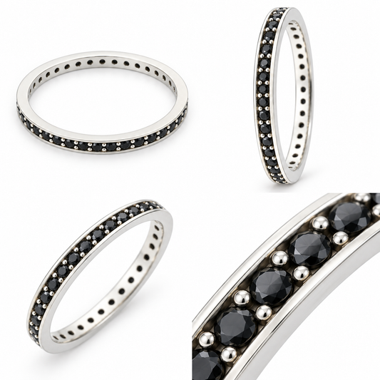 Inel Aur 14 K Tennis Alb Femei Pietre Negre