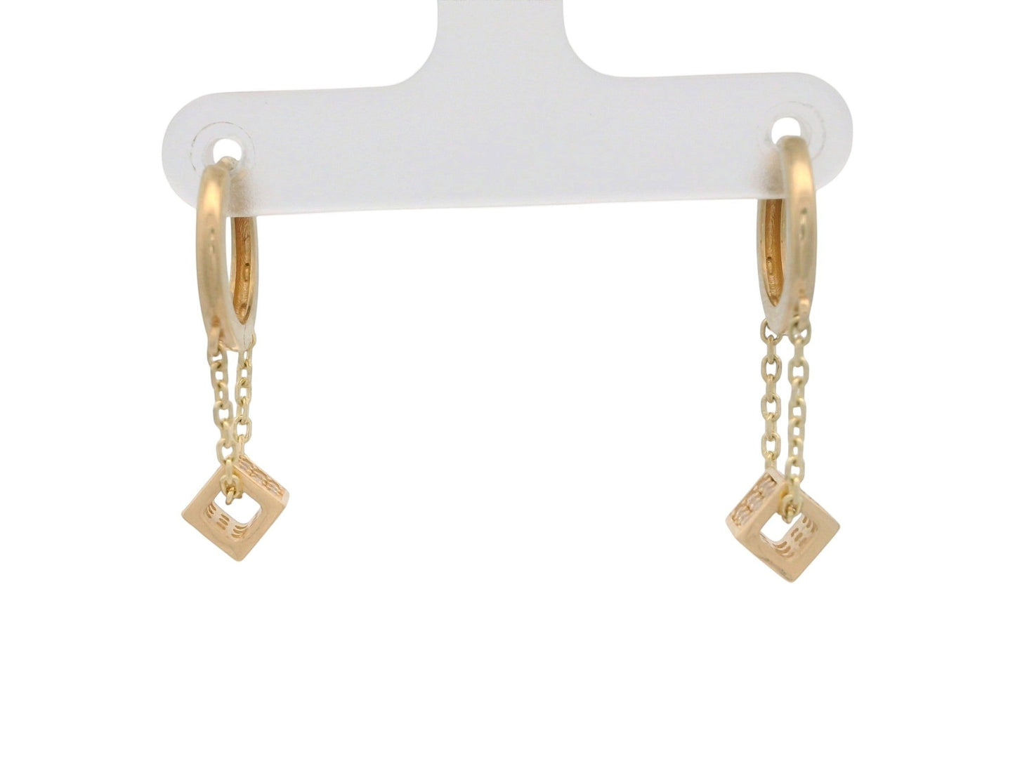 Cercei Antonia Gold tip hoop din aur cu pandantiv geometric sub formă de cub suspendat pe lanțuri delicate