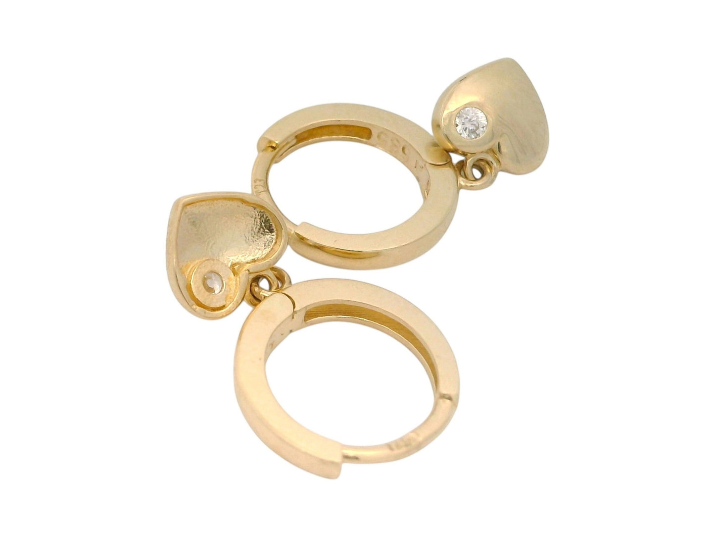 Cercei creole Antonia Gold din aur galben cu pandantiv în formă de inimă și piatră strălucitoare, design elegant.