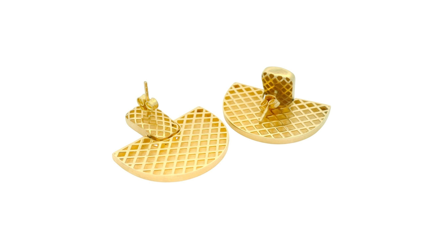 Antonia Gold geometric half moon stud earrings with a polished front and intricate grid texture back in gold-tone.
