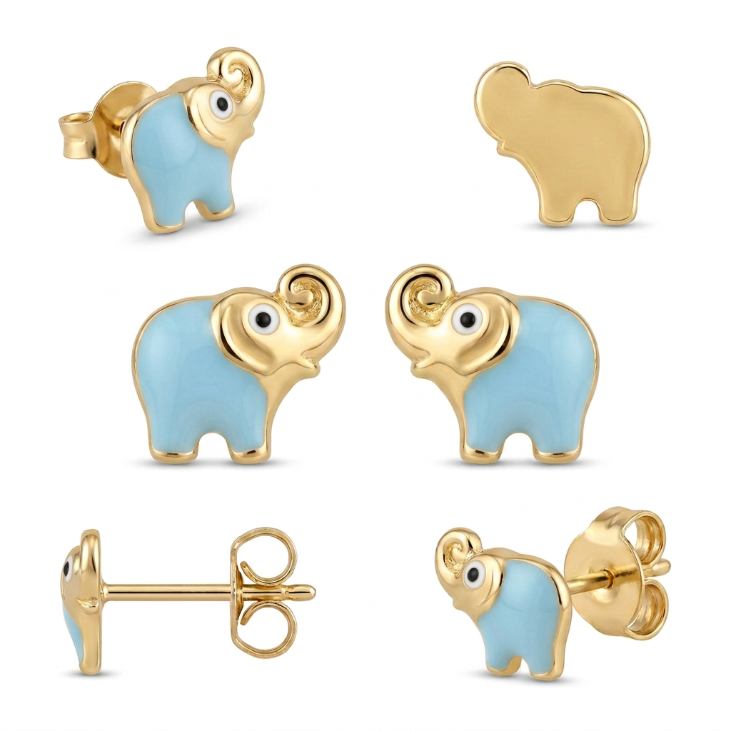 Cercei Aur 14K surub copii Elefant Albastru