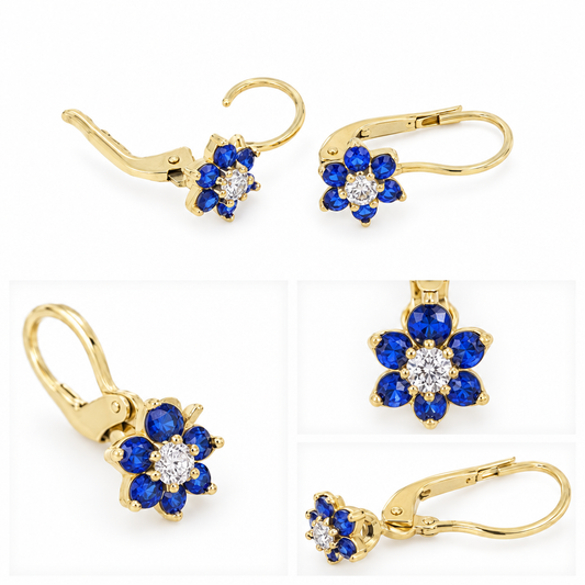 Cercei Aur 14 K bebelusi "Floral Albastru cu Alb"