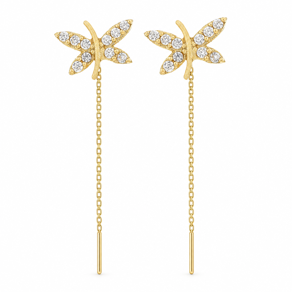 Cercei Aur 14 K cu lantisor "Libelula - pietre zirconia"