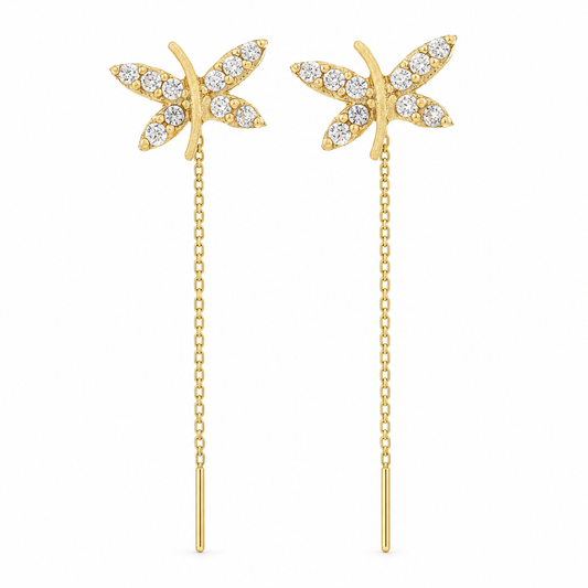 Cercei Aur 14 K cu lantisor "Libelula - pietre zirconia"
