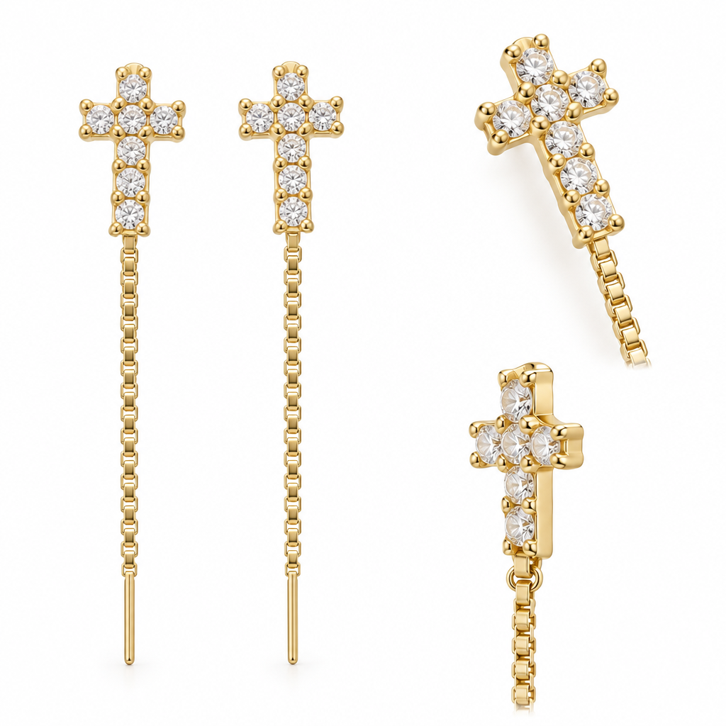 Cercei Aur 14 K cu lantisor "Cruciulita - pietre zirconia"
