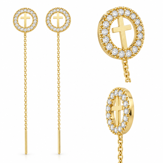 Cercei Aur 14 K cu lantisor "Rotund cu Cruciulita - pietre zirconia"