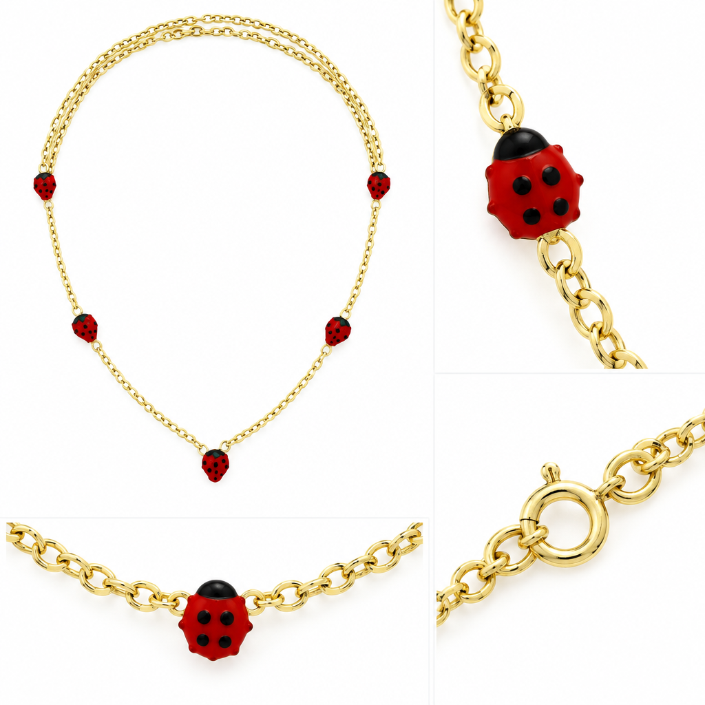 Lantisor Aur 14 K copii "5 Gargarite rosii"