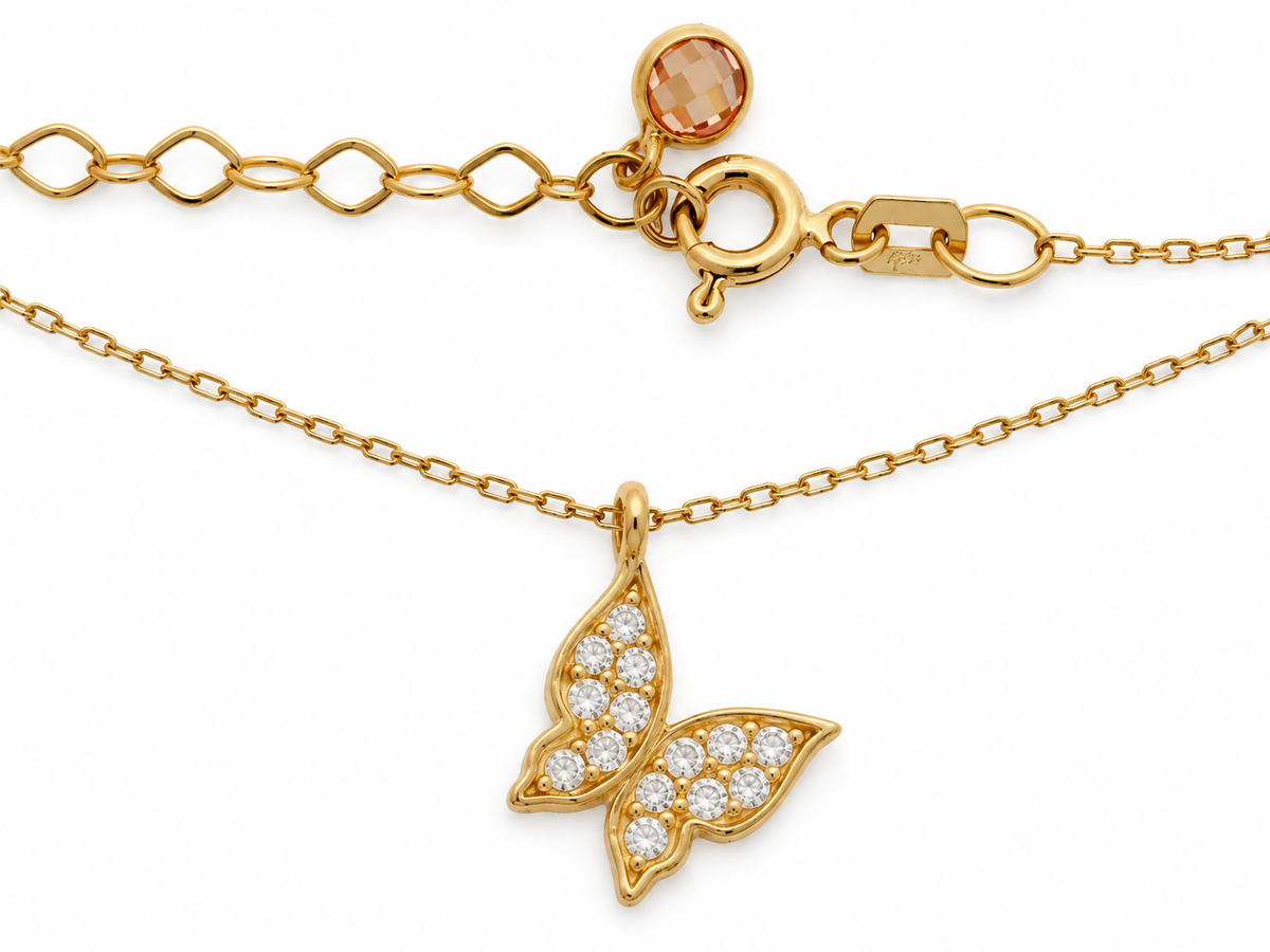 Lantisor Aur 14K White Stone Butterfly