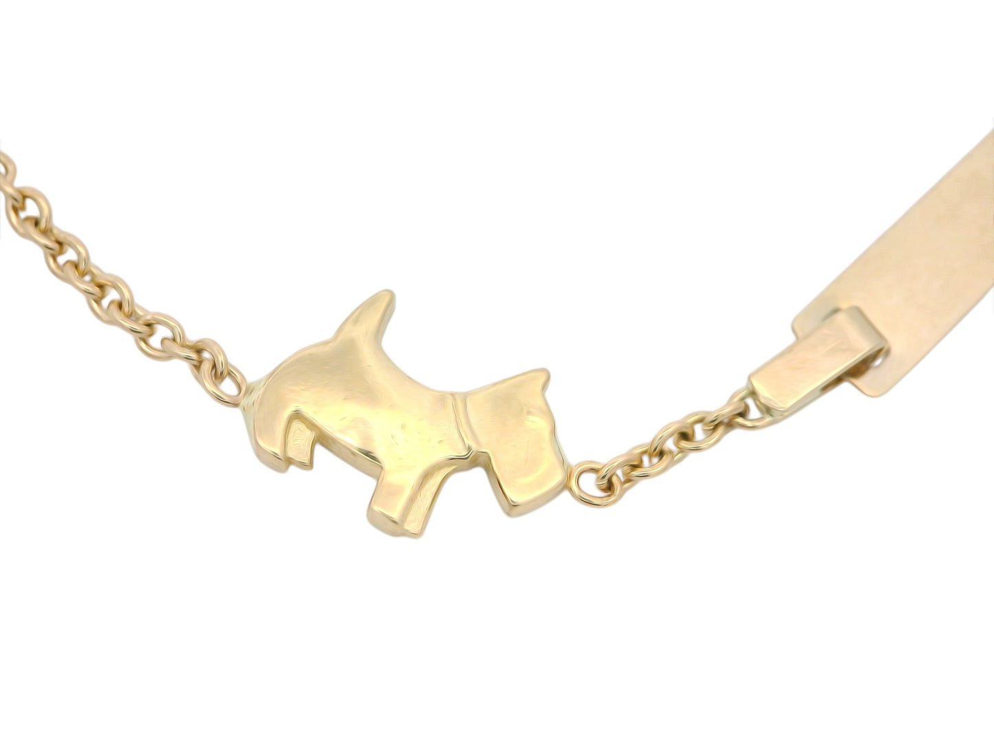 Brățară Antonia Gold din aur cu pandantiv în formă de cățeluș și plăcuță pentru gravură, design elegant și fin