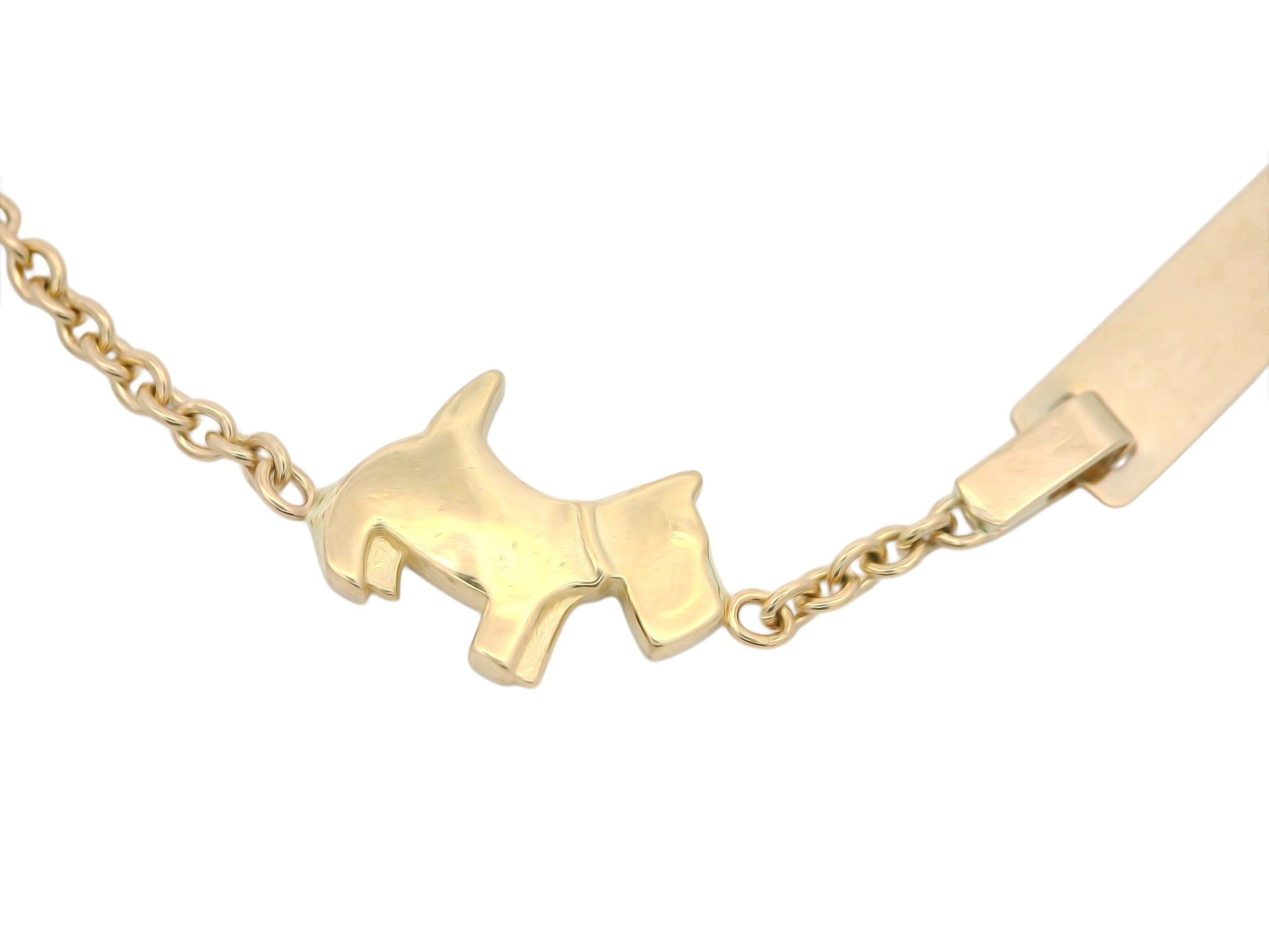 Brățară Antonia Gold din aur cu pandantiv în formă de cățeluș și plăcuță pentru gravură, design elegant și fin
