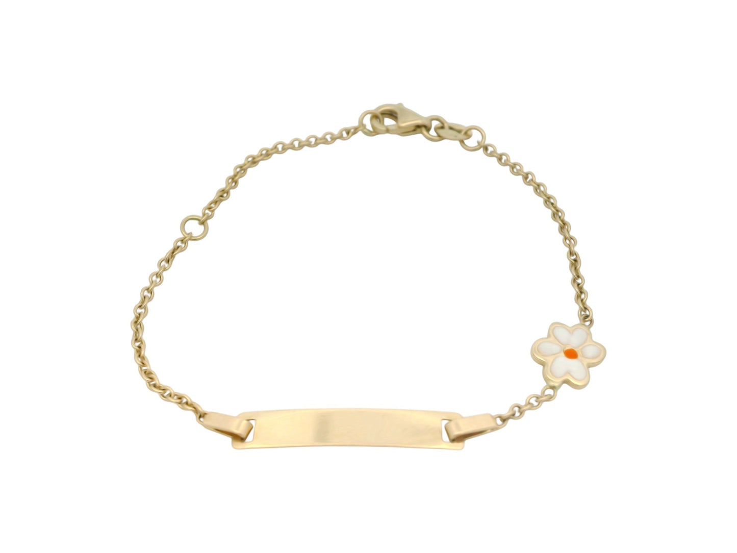 Bratara Antonia Gold din aur pentru copii cu placuta pentru gravat si floare delicata cu email alb si portocaliu