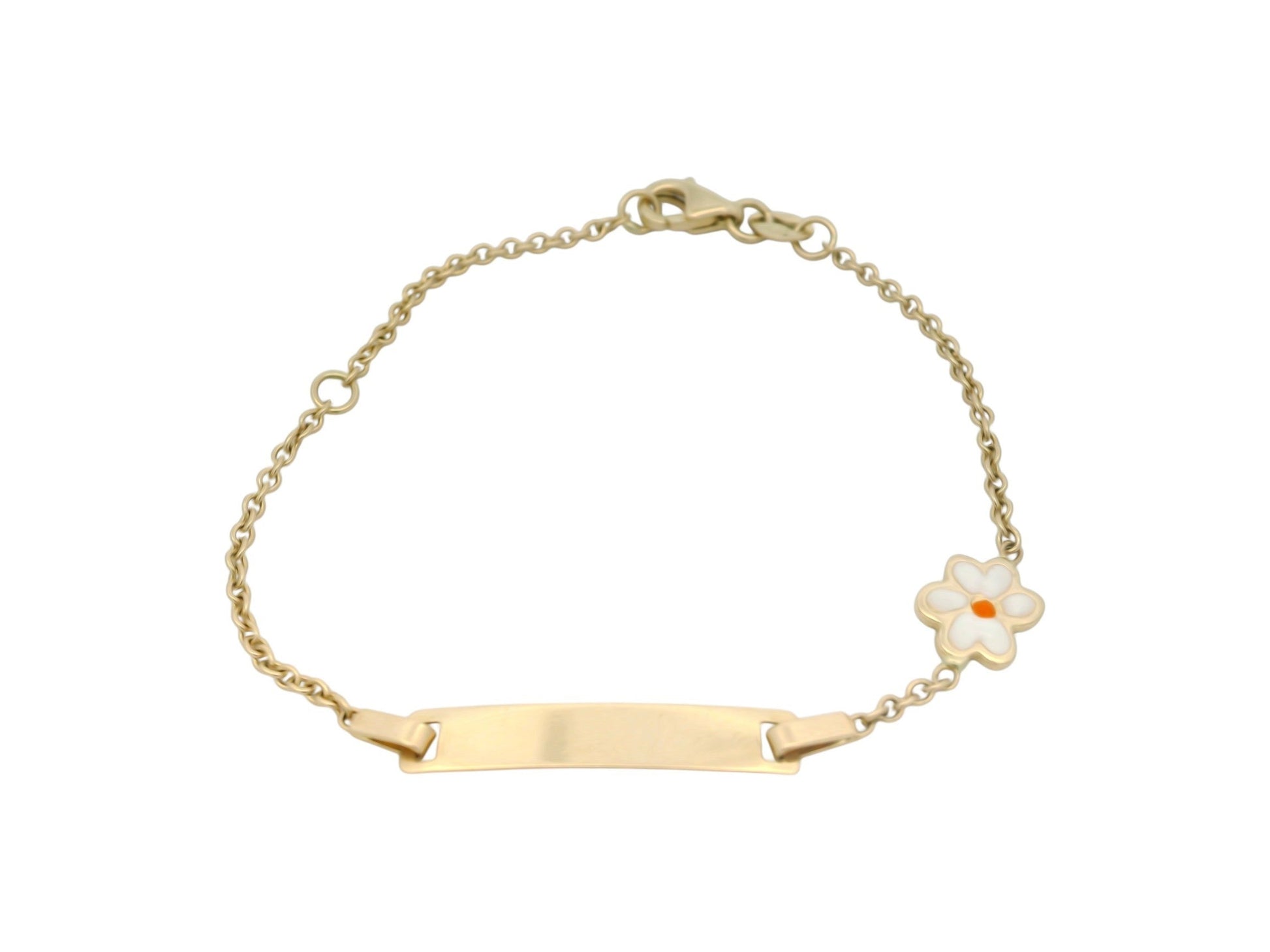 Bratara Antonia Gold din aur pentru copii cu placuta pentru gravat si floare delicata cu email alb si portocaliu