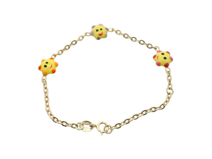 Brățară Antonia Gold pentru copii din aur cu trei steluțe colorate și vesele, design delicat cu fețe zâmbitoare.