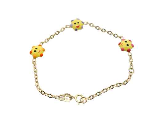 Brățară Antonia Gold pentru copii din aur cu trei steluțe colorate și vesele, design delicat cu fețe zâmbitoare.