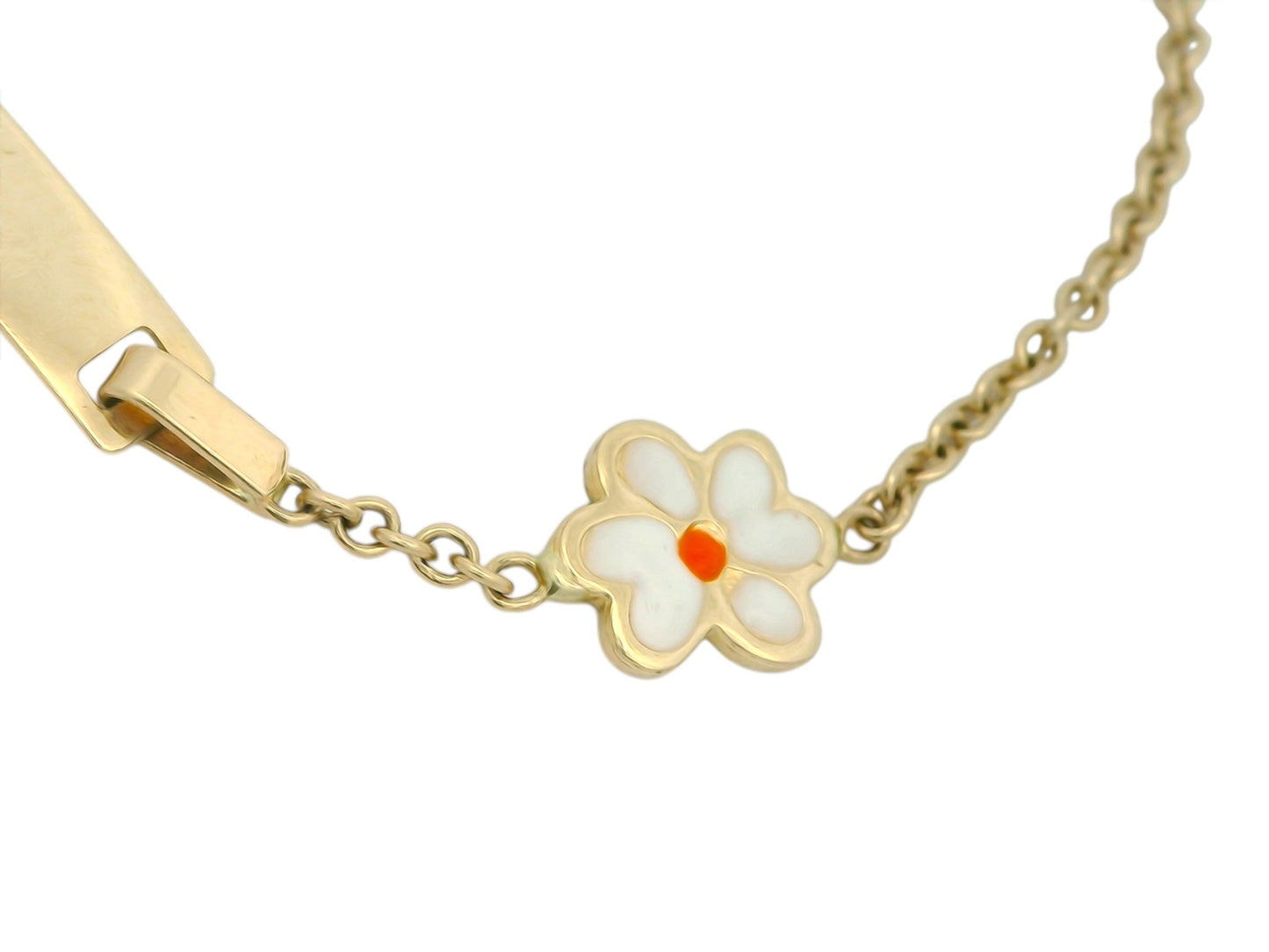 Brățară Antonia Gold din aur pentru copii cu element floral din email alb și plăcuță pentru gravură
