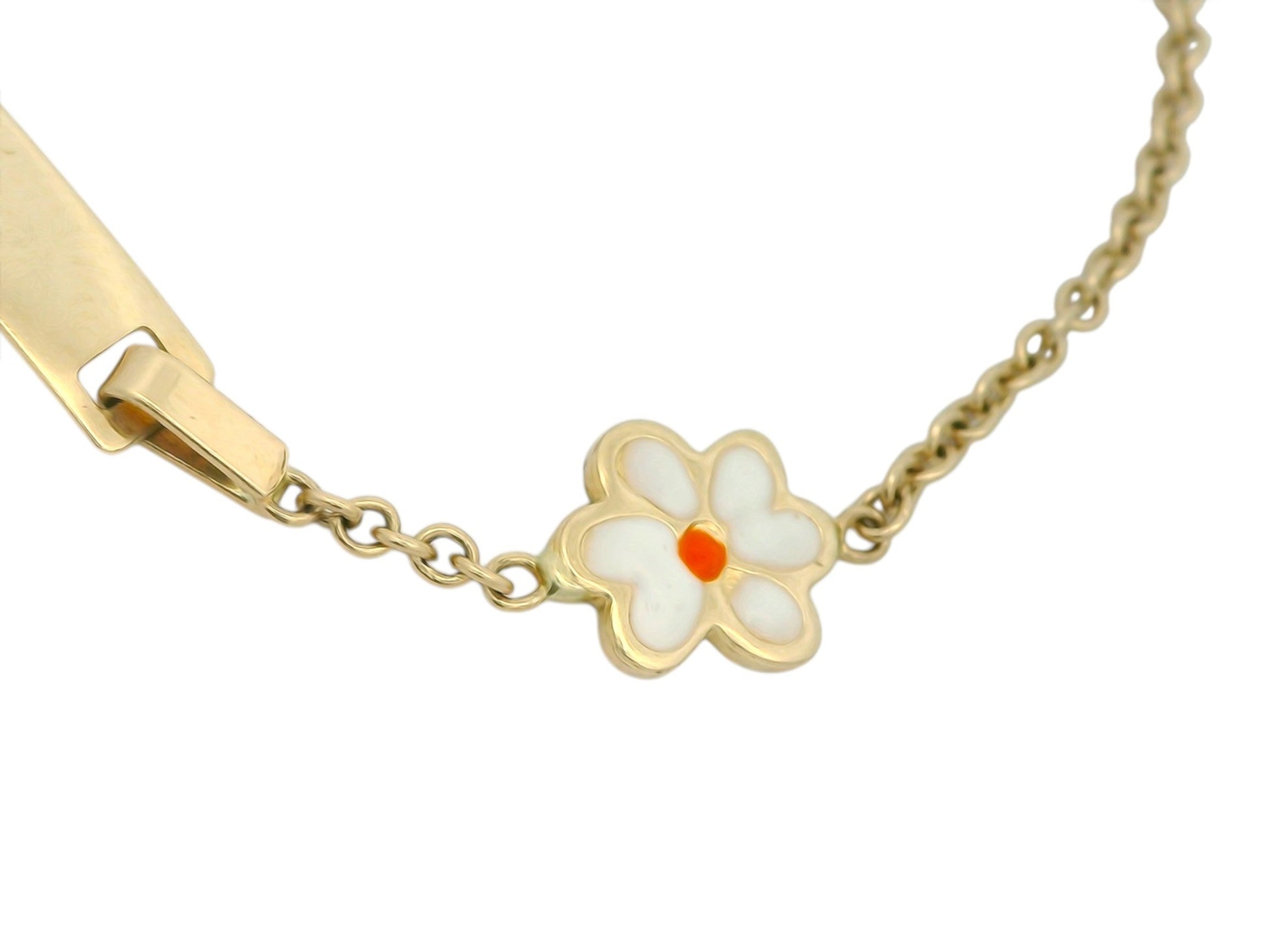 Brățară Antonia Gold din aur pentru copii cu element floral din email alb și plăcuță pentru gravură