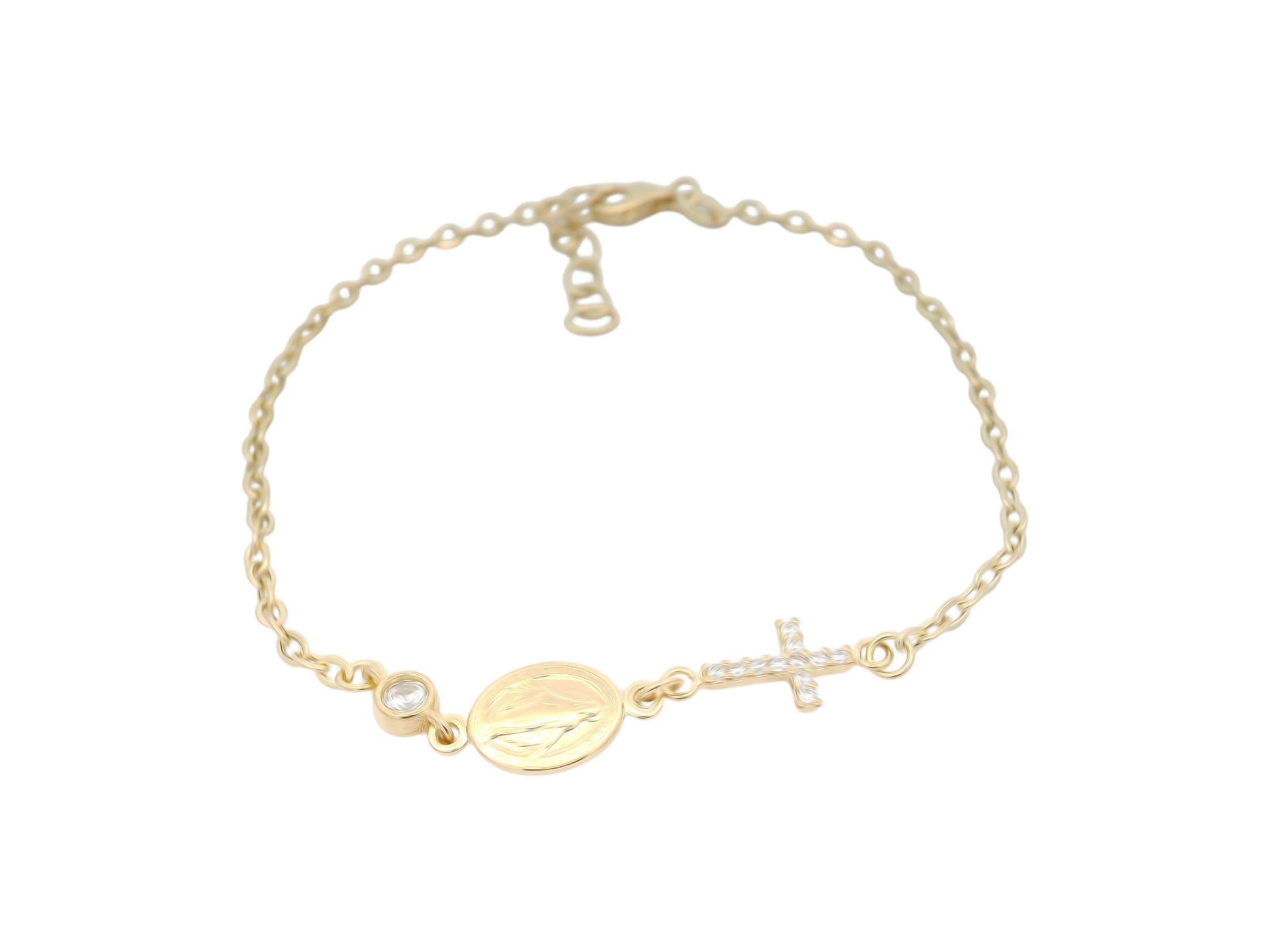 Brățară Antonia Gold din aur galben cu medalion, cruciuliță cu cristale și piatră decorativă pe lanț reglabil