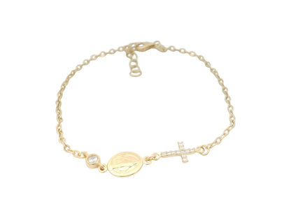 Brățară Antonia Gold din aur galben cu medalion, cruciuliță cu cristale și piatră decorativă pe lanț reglabil