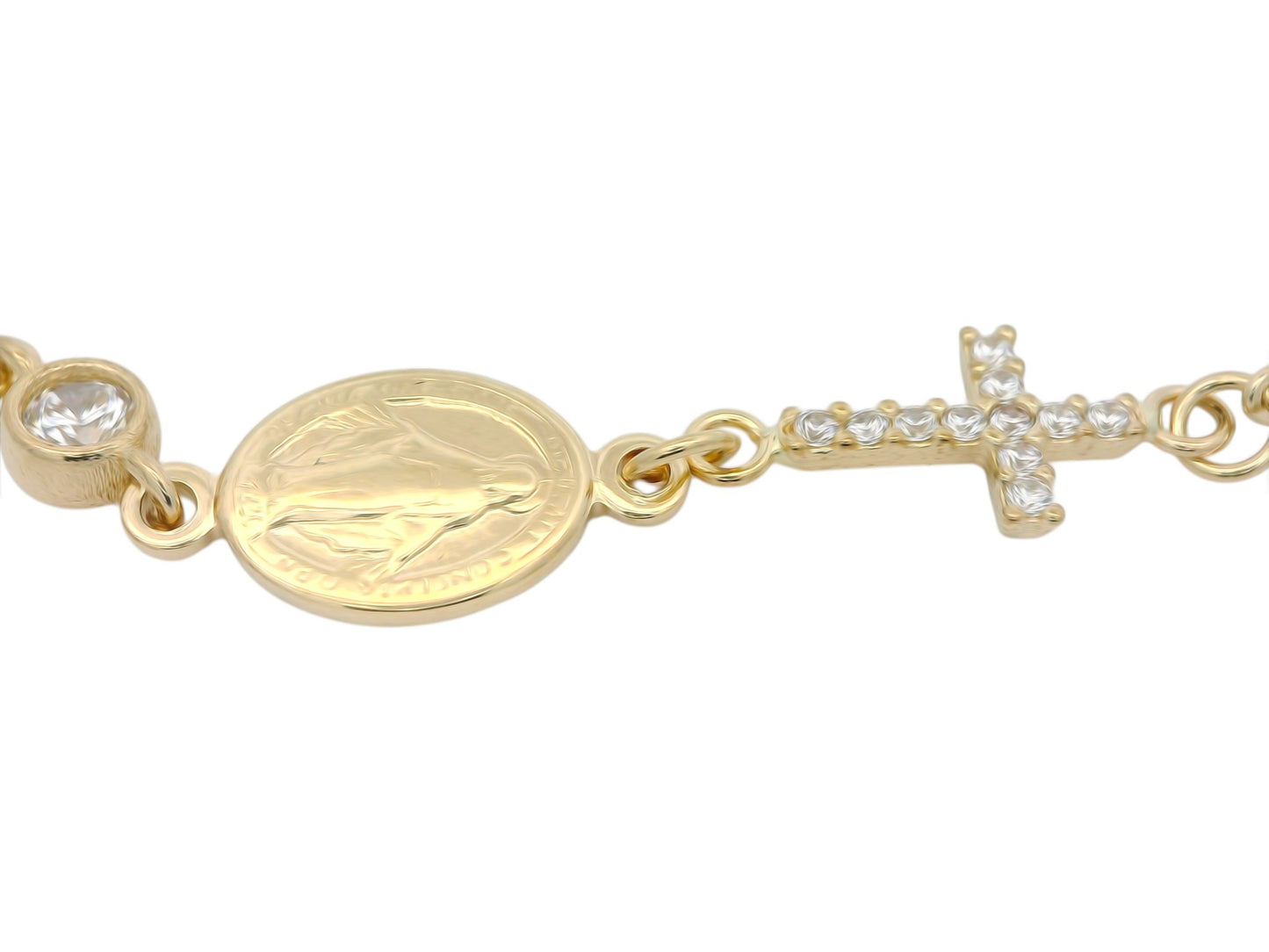 Brățară Antonia Gold din aur galben cu medalion religios, cruciuliță cu cristale și piatră decorativă strălucitoare