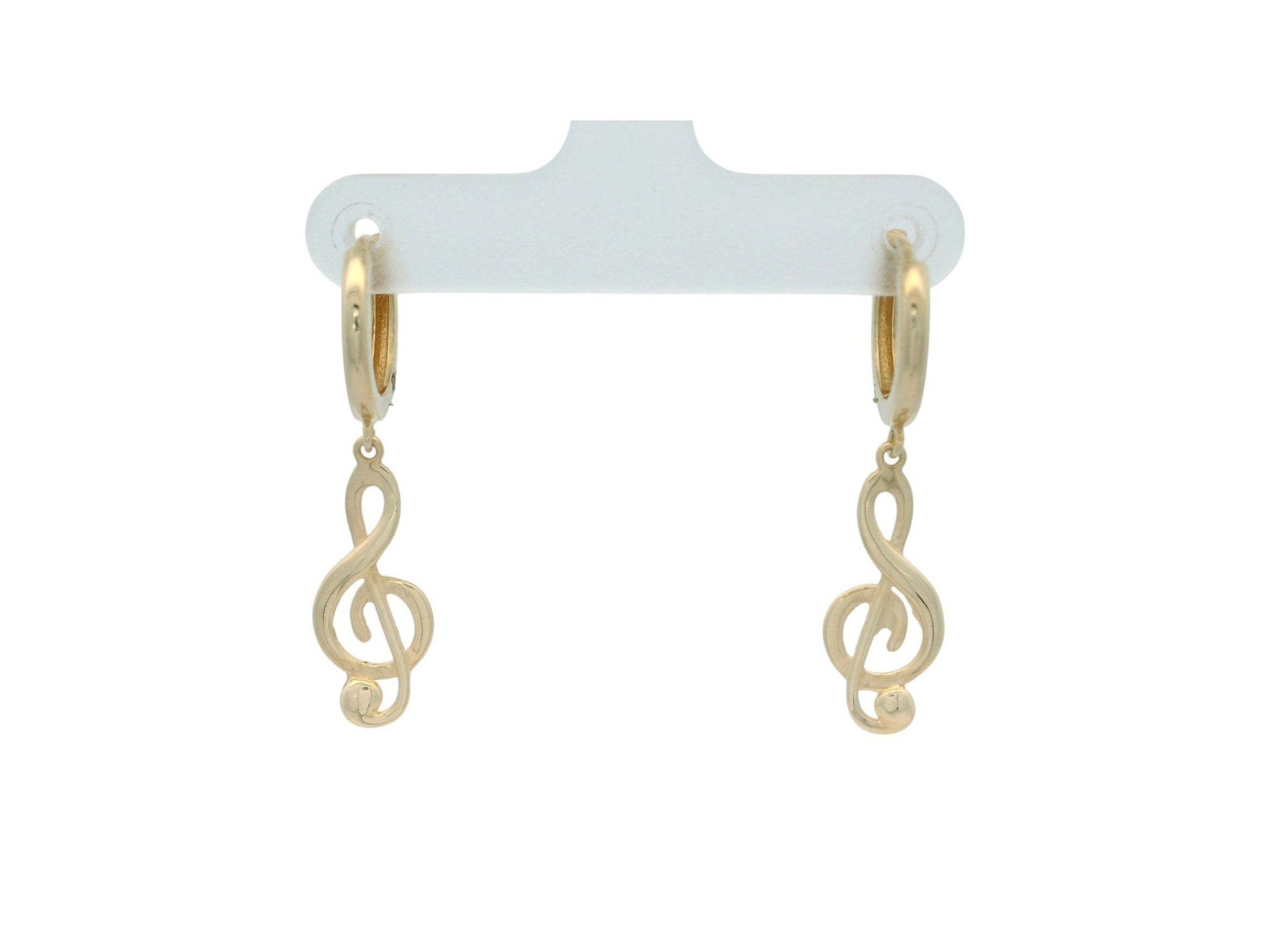 Cercei Antonia Gold tip verigă din aur galben cu pandantiv în formă de cheia sol, design elegant și minimalist.
