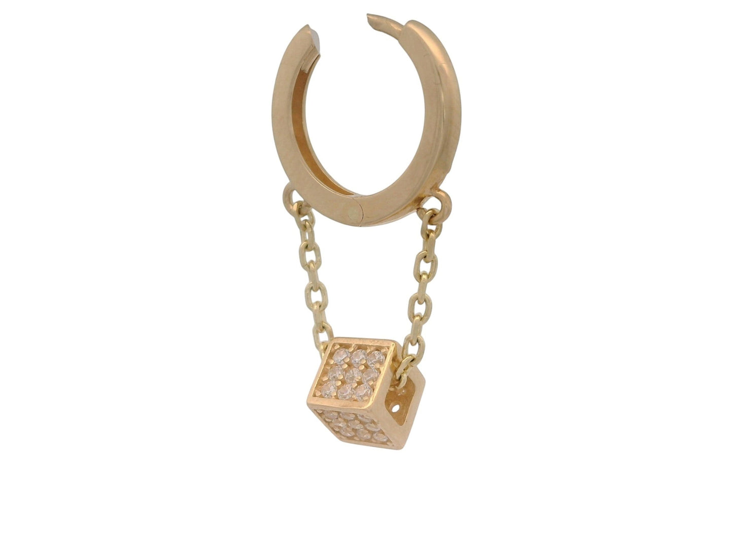 Cercei Antonia Gold tip hoop din aur cu pandantiv cub decorat cu pietre de zirconiu și lanțuri delicate