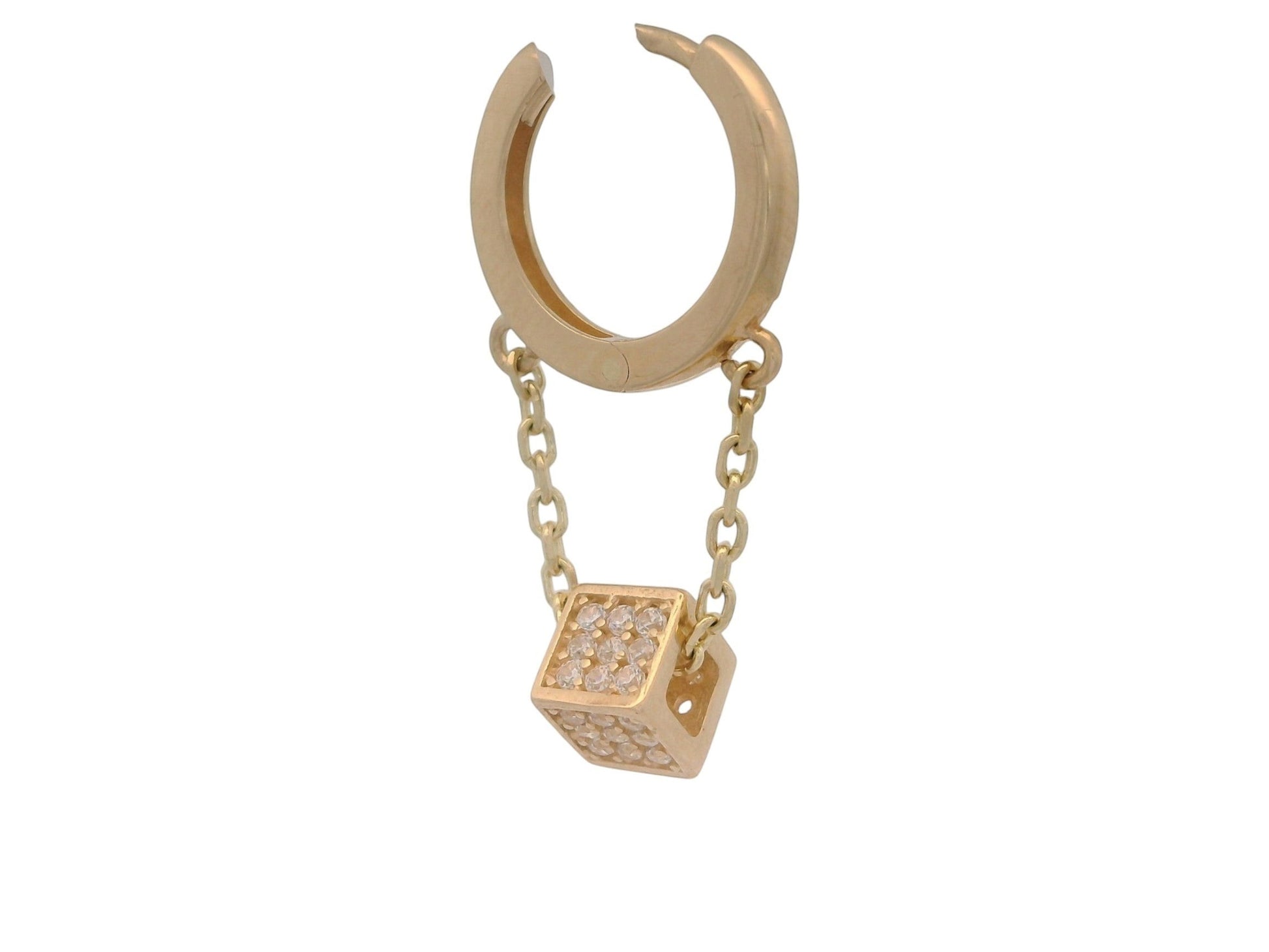 Cercei Antonia Gold tip hoop din aur cu pandantiv cub decorat cu pietre de zirconiu și lanțuri delicate