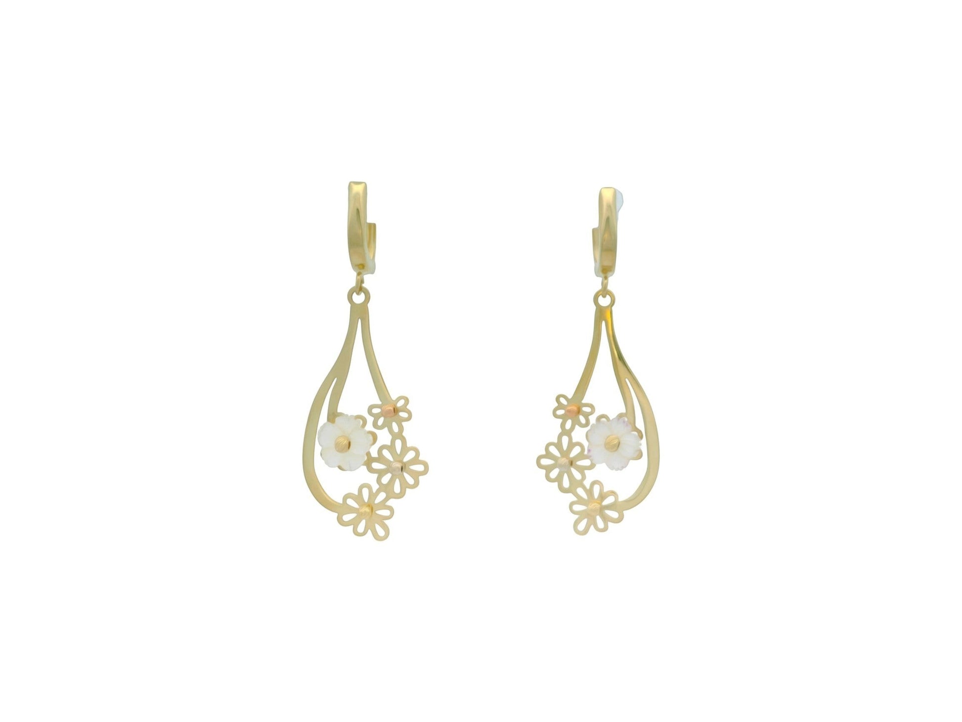 Cercei Antonia Gold din aur cu design lacrimă, motive florale decupate și inserții delicate din sidef alb.