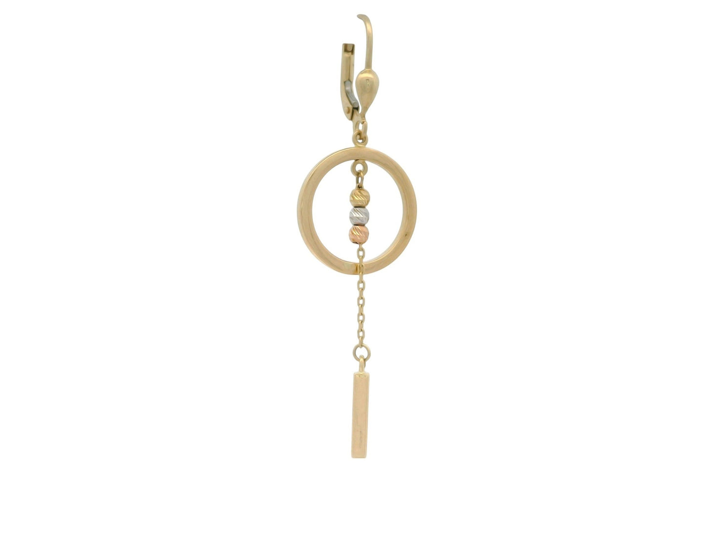 Cercei Antonia Gold din aur de 14K cu design geometric, cerc central, sfere texturate și element liniar mobil