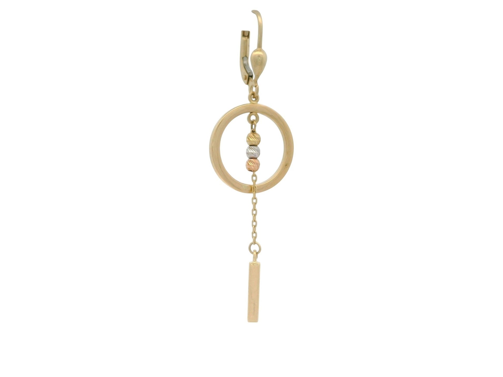 Cercei Antonia Gold din aur de 14K cu design geometric, cerc central, sfere texturate și element liniar mobil