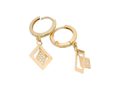 Cercei Antonia Gold din aur de 14K cu pandantive geometrice sub formă de romb și pietre de zirconiu strălucitoare
