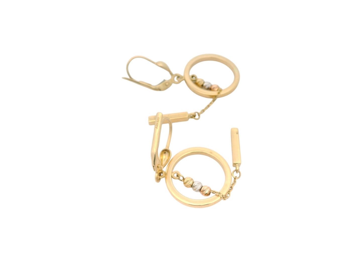 Cercei Antonia Gold din aur de 14K cu design geometric, sfere texturate și elemente mobile suspendate pe lănțișor fin.