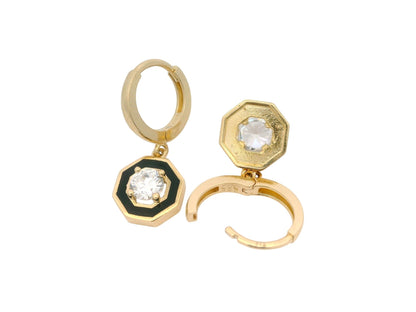 Cercei Antonia Gold din aur 14K cu design octogonal, email negru și piatră strălucitoare, sistem de închidere tortiță