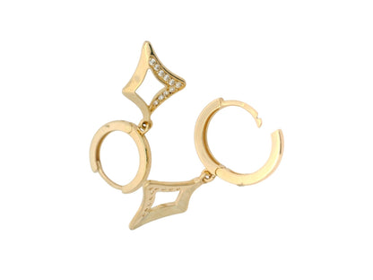 Cercei Antonia Gold tip hoop din aur galben cu pandantiv geometric în formă de romb și pietre de zirconiu strălucitoare