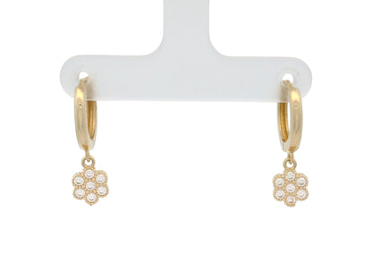 Cercei Antonia Gold tip creole din aur galben cu pandantiv floral decorat cu pietre de zirconiu albe strălucitoare