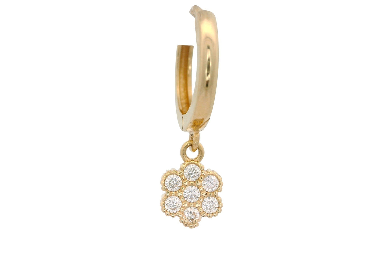 Cercei tip creole Antonia Gold din aur galben cu pandantiv floare decorat cu pietre de zirconiu albe strălucitoare