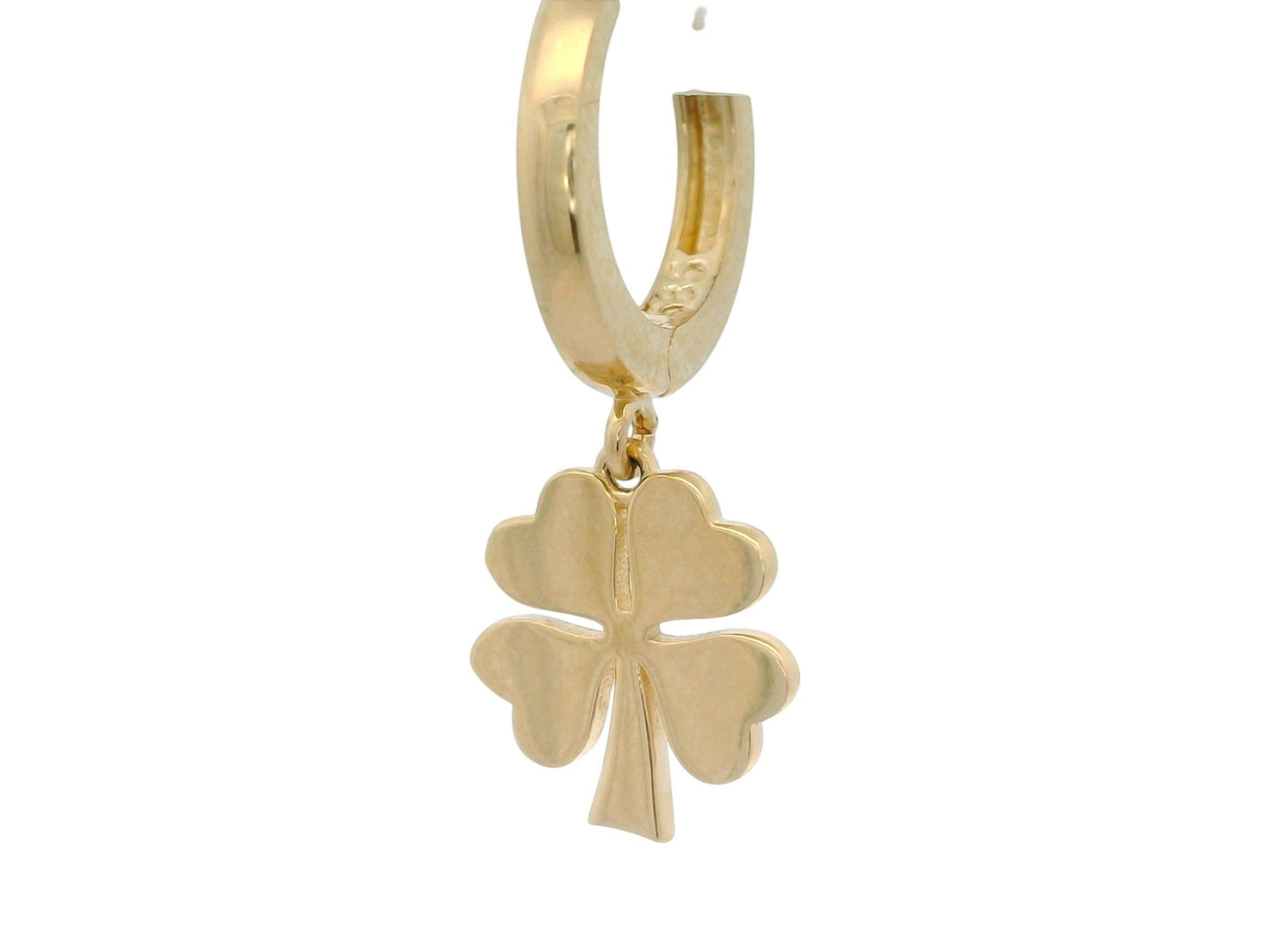 Cercei Antonia Gold tip creole din aur galben 14K cu pandantiv în formă de trifoi cu patru foi, design elegant și modern