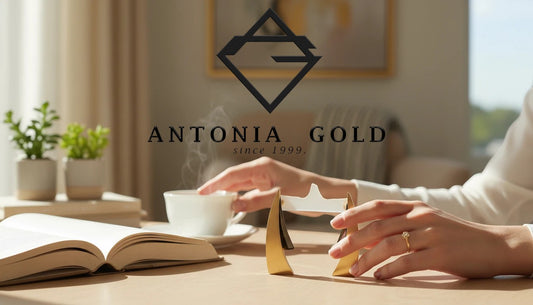 Cercei geometrici Antonia Gold cu design triunghiular mat, purtați pe o masă lângă o carte și o ceașcă de cafea
