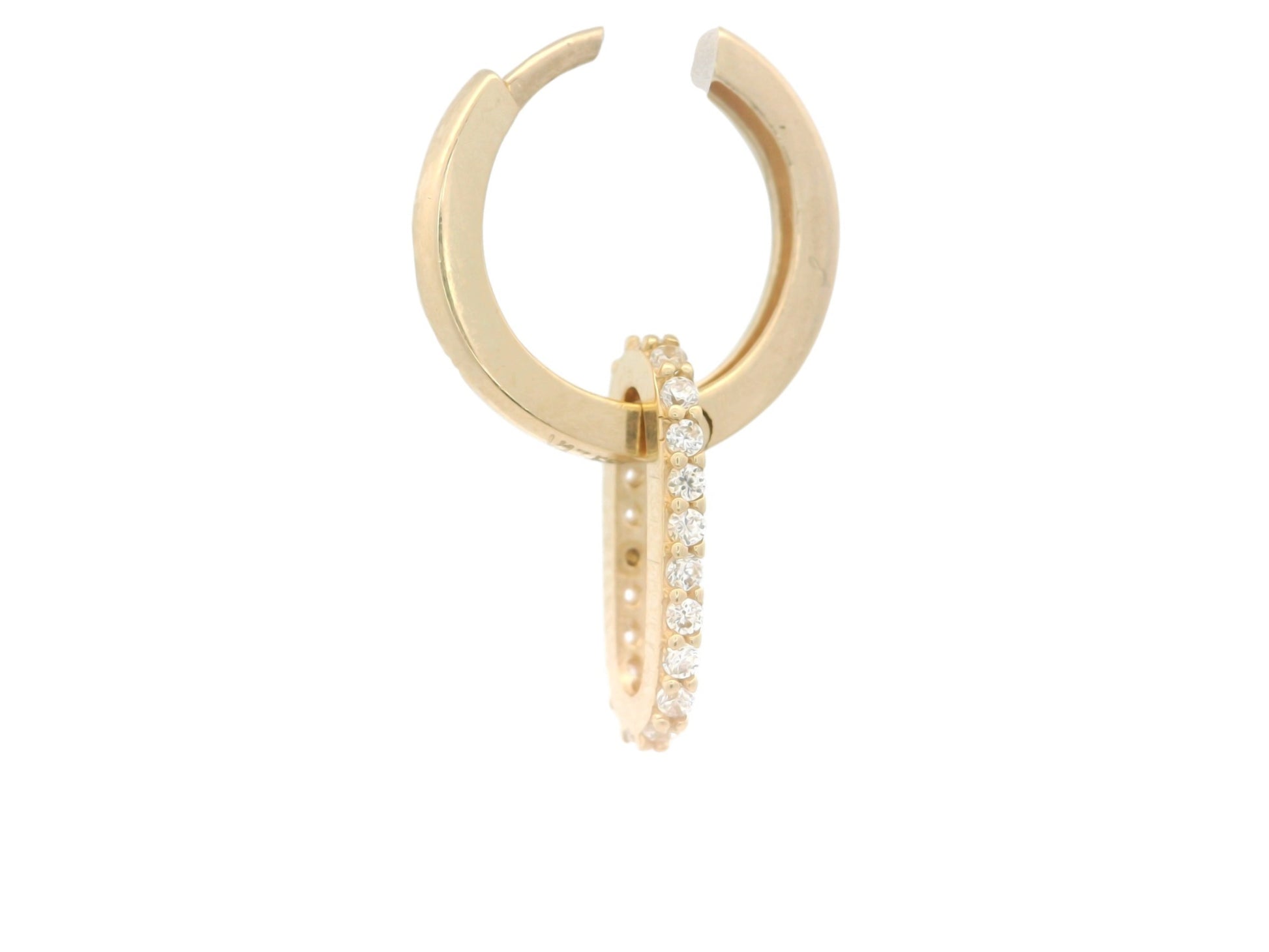 Cercei Antonia Gold tip hoop aurii cu pandantiv oval detașabil decorat cu pietre strălucitoare pe fundal alb