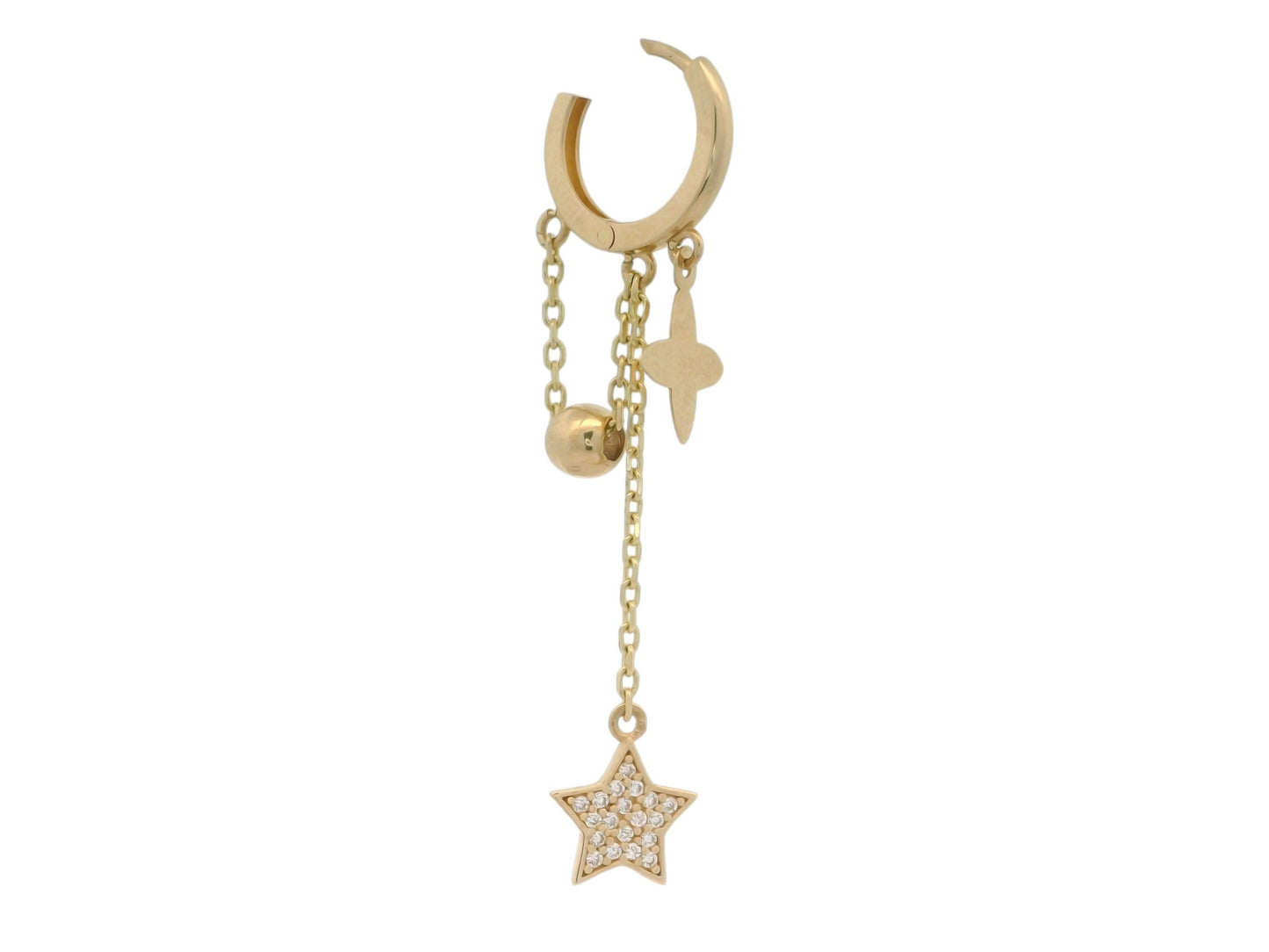 Cercei Antonia Gold tip hoop aurii cu pandantive în formă de steluțe cu cristale și sfere metalice delicate