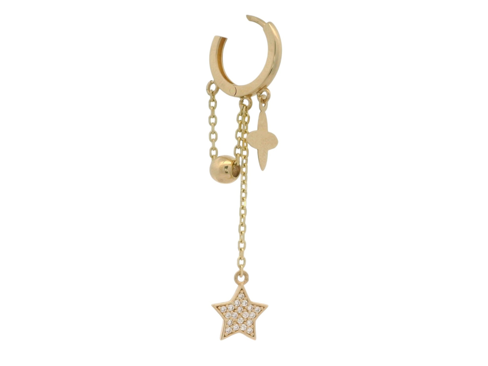 Cercei Antonia Gold tip hoop aurii cu pandantive în formă de steluțe cu cristale și sfere metalice delicate