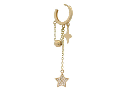 Cercei Antonia Gold tip hoop aurii cu pandantive în formă de steluțe cu cristale și sfere metalice delicate