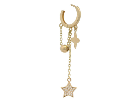 Cercei Antonia Gold tip hoop aurii cu pandantive în formă de steluțe cu cristale și sfere metalice delicate