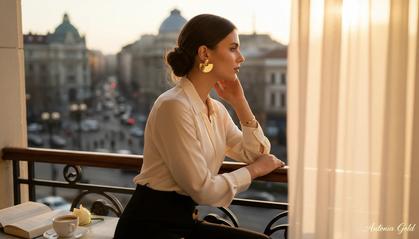Antonia Gold geometric half moon stud earrings in polished gold-tone worn by a woman on a balcony at sunset.