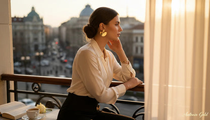 Antonia Gold geometric half moon stud earrings in polished gold-tone worn by a woman on a balcony at sunset.