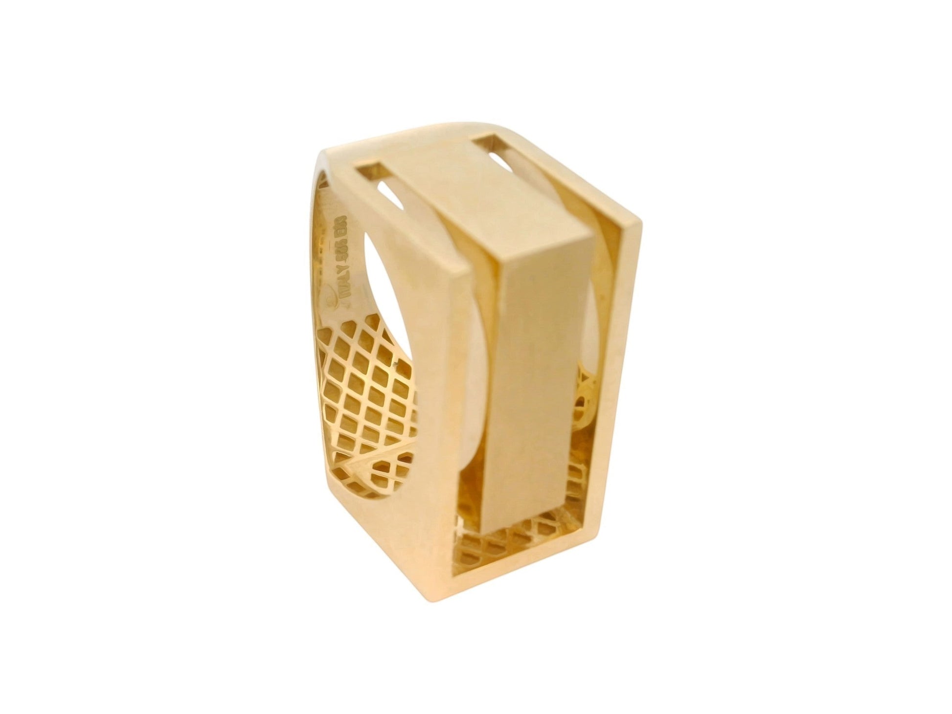 Inel statement Antonia Gold din aur galben de 18k cu design geometric arhitectural și model tip rețea pe interior