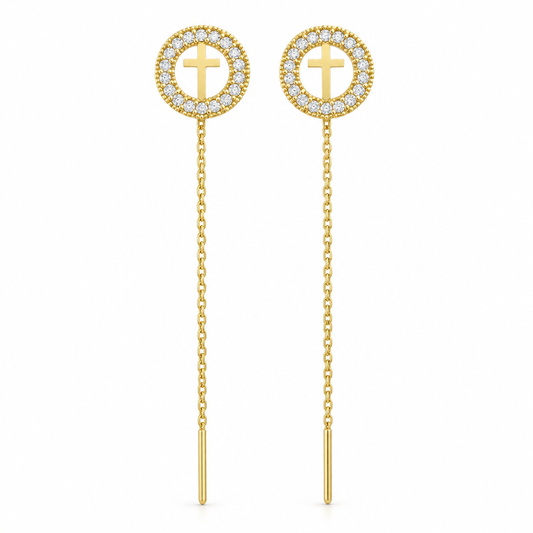Cercei Aur 14 K cu lantisor "Rotund cu Cruciulita - pietre zirconia"