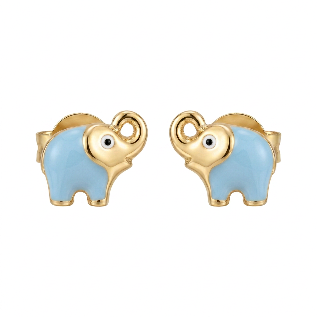 Cercei Aur 14K surub copii Elefant Albastru