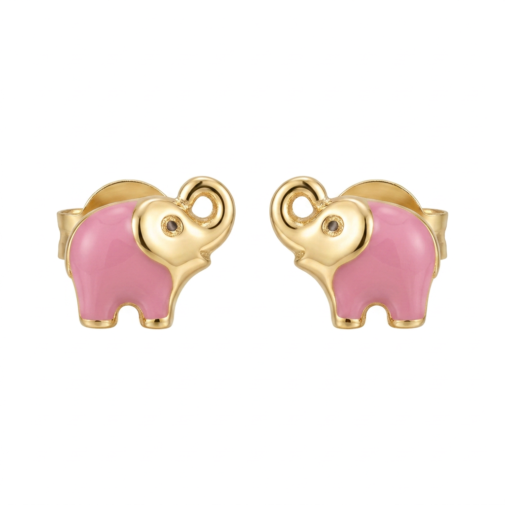 Cercei Aur 14K surub copii Elefant Roz