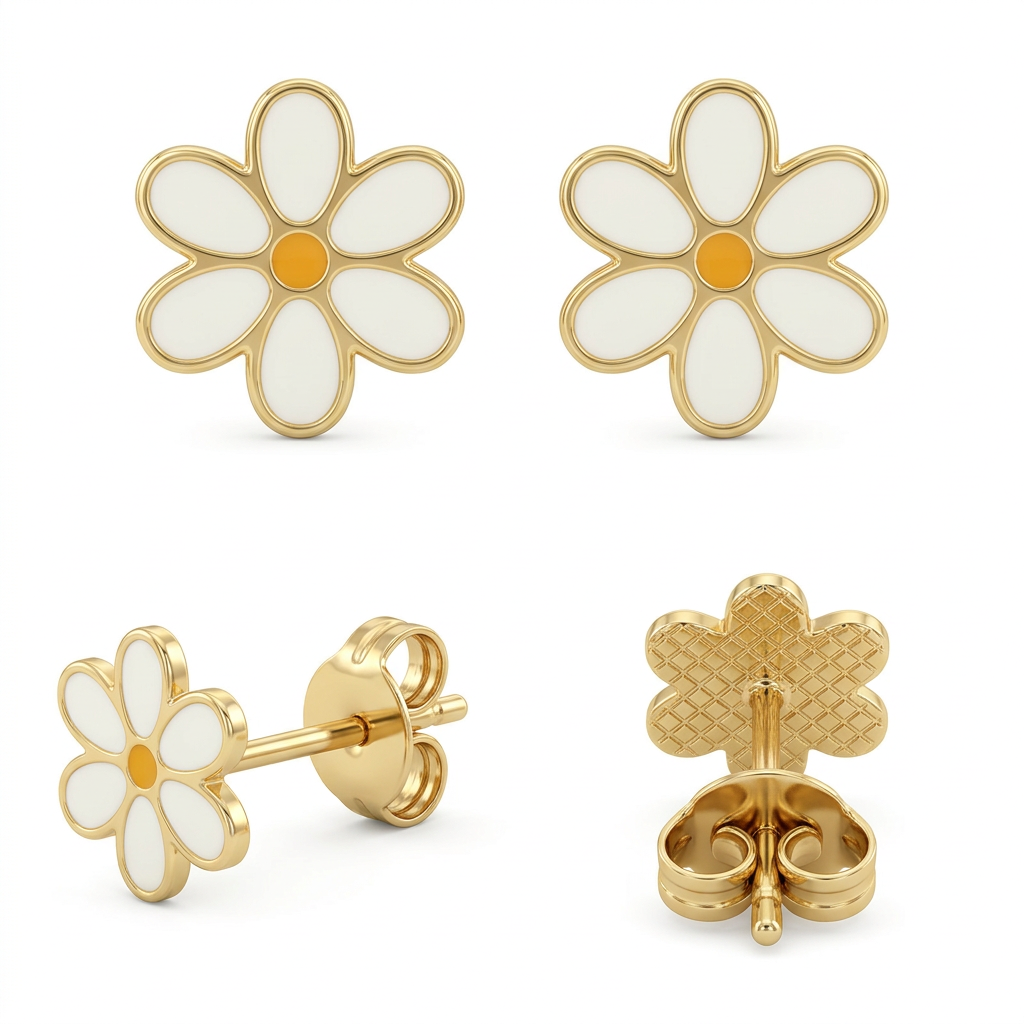 Cercei Aur 14K surub copii Floare Alba