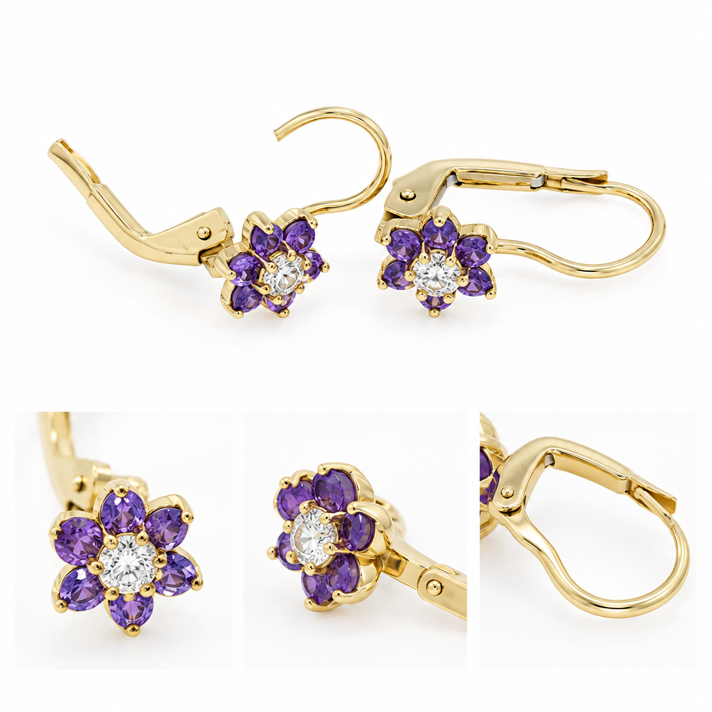 Cercei Aur 14 K bebelusi "Floral Mov cu Alb"